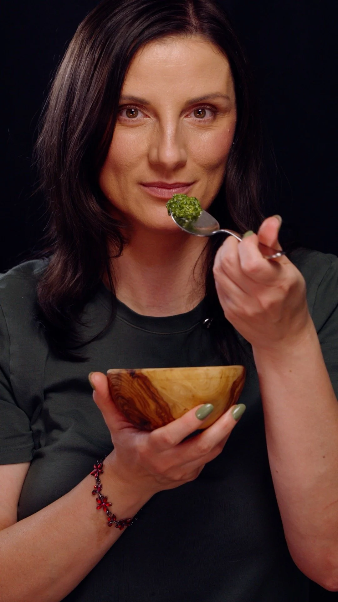 Olga Kindel tasting fresh pesto